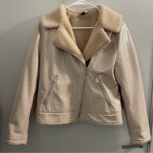 H&M Cream Faux Leather Jacket with Shearling Collar